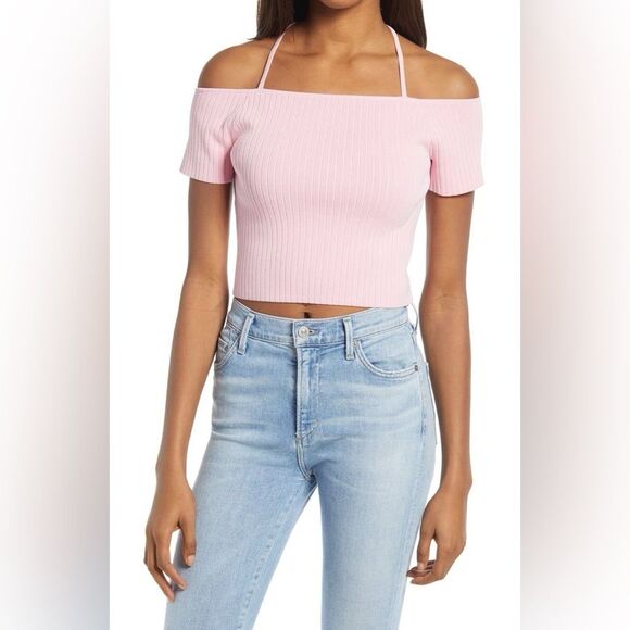 WAYF Deena Off the Shoulder Rib Knit Pink Crop Top Women’s Size XL - Picture 1 of 12